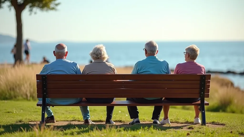 Seniori pāri veido grupu uz soļa piekrastē pēc brauciena, jūra fons, pavasara diena