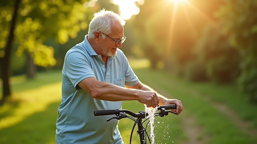 Seniora rūpēm mazgājot velosipēdu ar ūdeni un sūkli, pavisam dabisks skats