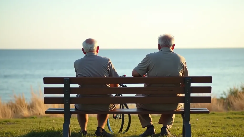Divi seniori atpūšas uz sola piekrastē pēc velobrauciena, smaidošas, jūra redzama fons